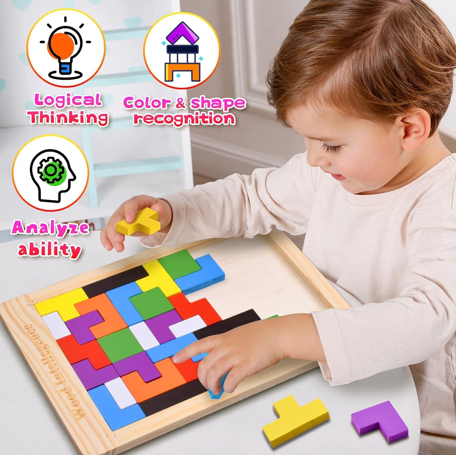 SHINETOY Wooden Tangram Puzzle for Kids 40 Pieces | Montessori Brain Teaser Blocks Game | Educational Wooden Toys for Toddlers | Color & Shape Learning Puzzle Gift for Boys & Girls Christmas Gift - Image 4
